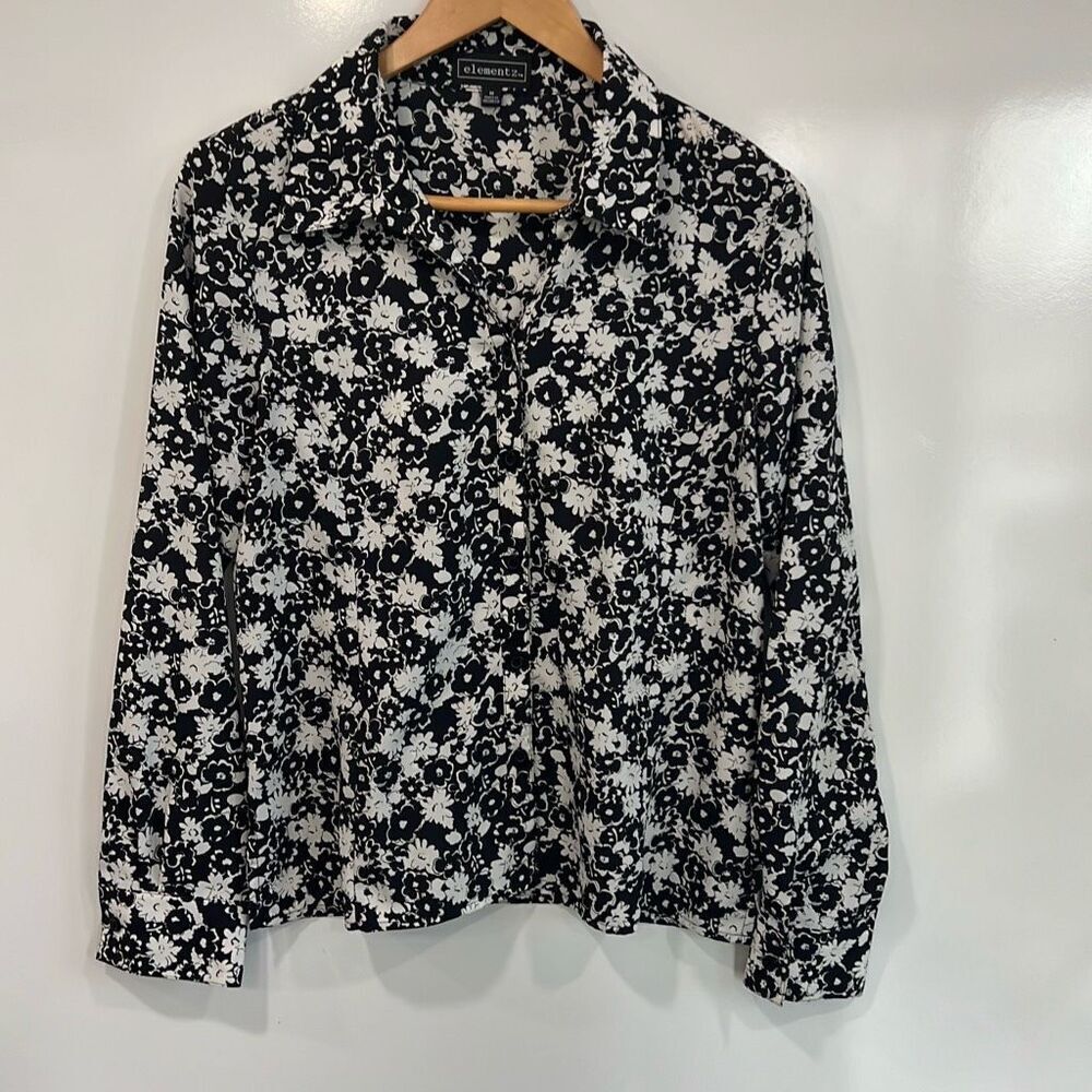 Elementz Black White‎ Floral Button Up Blouse Med